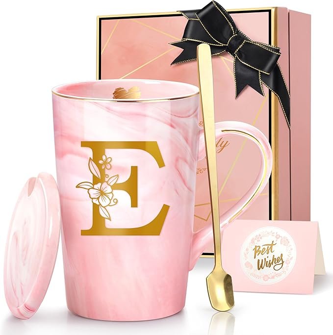 p2 imag1 Personalized Pink Initial Ceramic Coffee Mug with Lid, Spoon & Gift Box – 14oz Custom Women's Gift – Bundle of 10 - Image 1